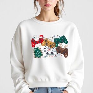 Funny Gamer Sweatshirt Controls and Reindeer Tree White Unisex S M L XL XXL